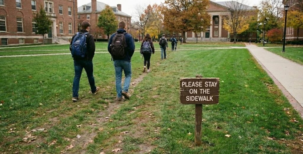 Students walking along a dirt path next to a sidewalk with a sign that says "please stay on sidewalk"