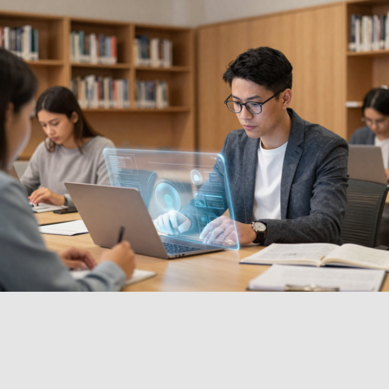 an instructor reviewing work with a subtle AI interface overlay in a university setting