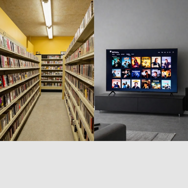 retro video store aisle on the left and a modern streaming TV on the right.