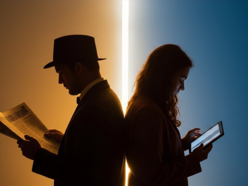 Two figures representing past and present stand back to back connected by a glowing line of light, illustrating the connection between historical journalism and modern instructional design.