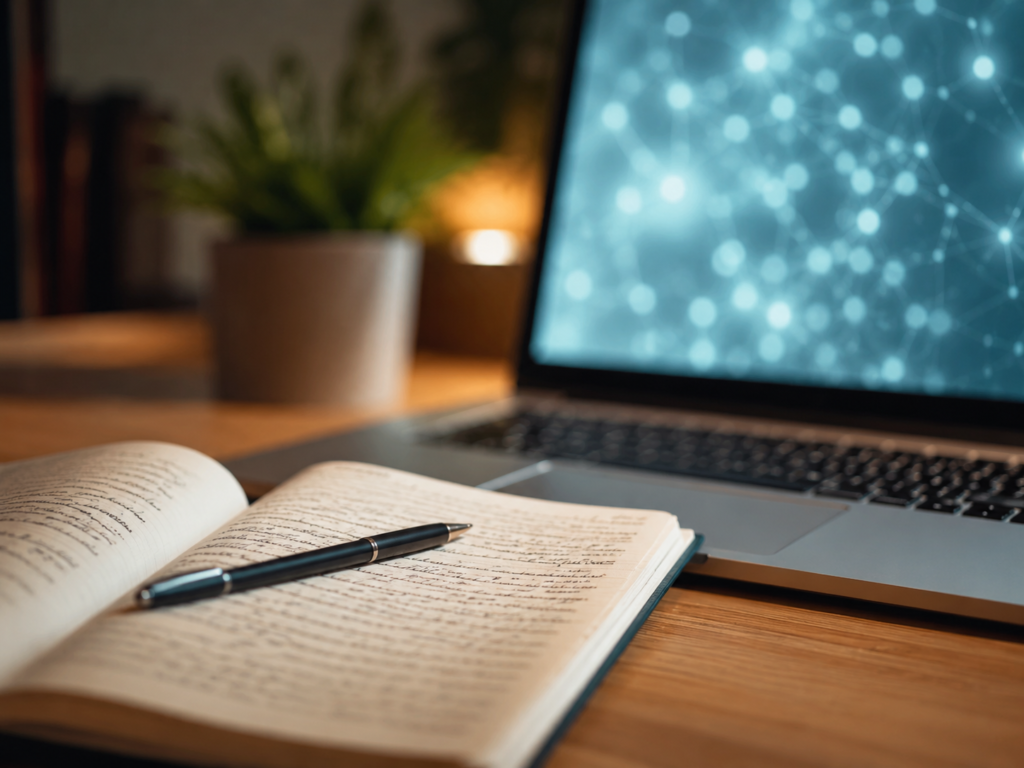 open notebook with pen resting across handwritten pages next to a laptop with out of focus abstract light patterns on the screen, symbolizing the blend of human and AI writing.