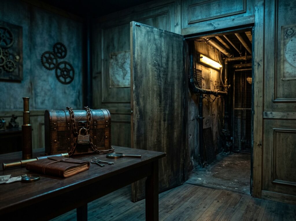 An empty escape room featuring a wooden table with puzzle props and a padlocked chest. An open wall panel reveals a dimly lit maintenance hallway with exposed pipes and a warm, glowing light.